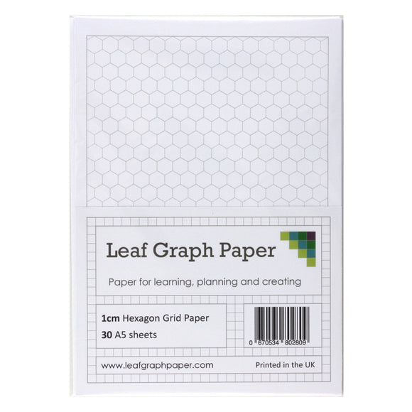 A5 Hexagon Graph Paper 10mm 1cm - 30 Loose-Leaf Sheets - Grey Grid