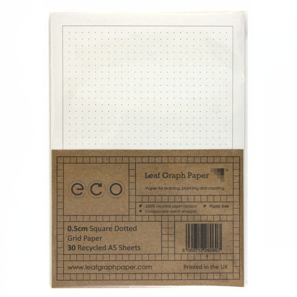 A5 Square Dotted Grid Paper 5mm 0.5cm, 100% Recycled, Plastic Free, 30 Sheets