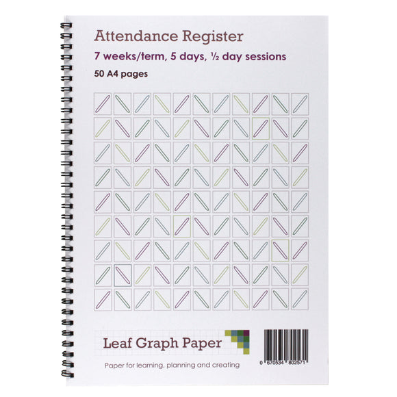 Attendance Register Book - 50 A4 Pages - Board Backed - Teaching Resources - Leaf Graph Paper