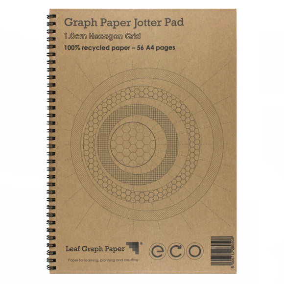 A4 Hexagon Graph Paper 10mm 1cm, 100% Recycled Jotter Pad, 56 Pages
