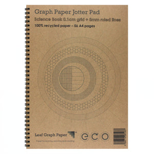 A4 Science Book 1mm Square Grid + 8mm Lined, 100% Recycled Jotter Pad, 56 Pages